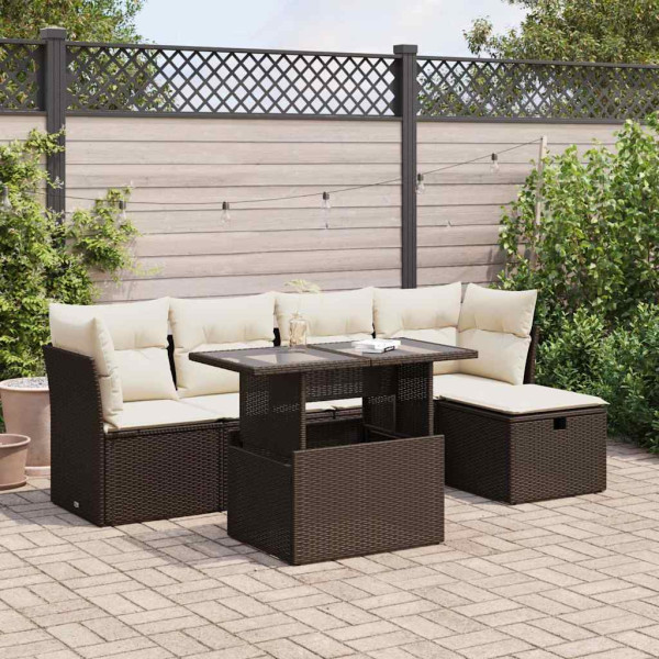 Set sofás de jardín 6 piezas y cojines ratán sintético marrón Set sofás de jardín 6 piezas y cojines ratán sintético marrón D