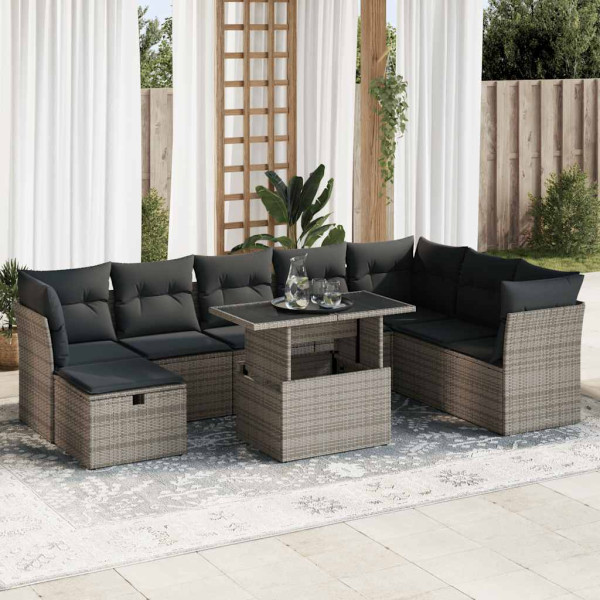 Set de sofás de jardín con cojines 9 pzas ratán sintético gris Set de sofás de jardín con cojines 9 pzas ratán sintético gris D