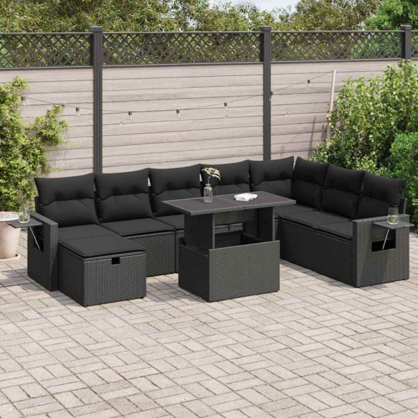 Set de sofás de jardín con cojines 9 pzas ratán sintético negro Set de sofás de jardín con cojines 9 pzas ratán sintético negro D