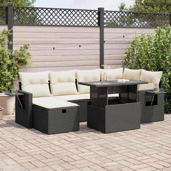 Set de sofás de jardín 7 pzas con cojines ratán sintético negro D
