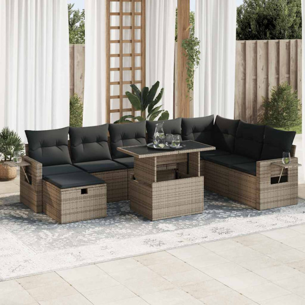 Set de sofás de jardín con cojines 9 pzas ratán sintético gris D