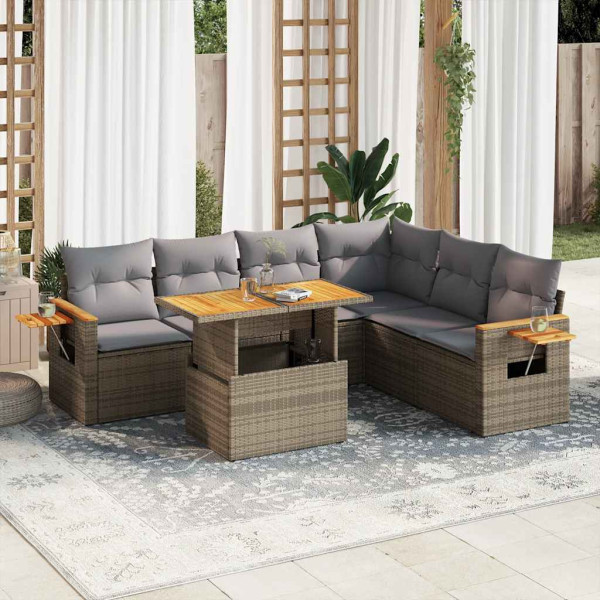 Set sofás jardín y cojines 6 pzas ratán sintético acacia beige D
