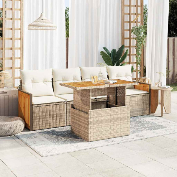 Set sofás jardín y cojines 5 pzas ratán sintético acacia beige Set sofás jardín y cojines 5 pzas ratán sintético acacia beige D