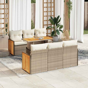 Set sofás jardín y cojines 7 pzas ratán sintético acacia beige D