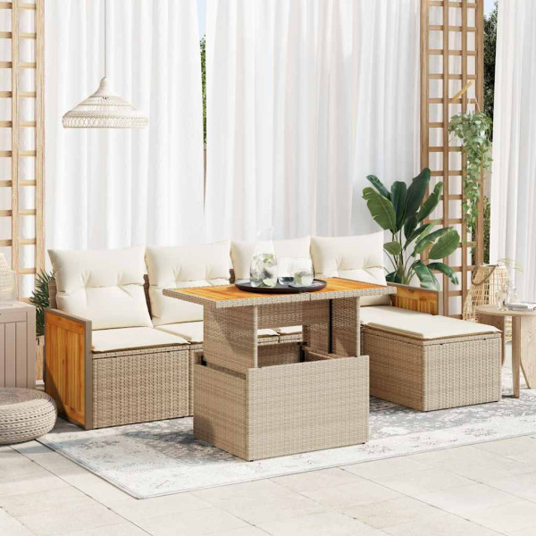 Set sofás jardín y cojines 6 pzas ratán sintético acacia beige D