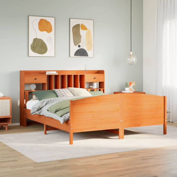 Cama con estantería sin colchón madera maciza marrón 200x200 cm Cama con estantería sin colchón madera maciza marrón 200x200 cm D
