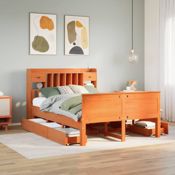 Cama con estantería sin colchón madera maciza marrón 140x190 cm Cama con estantería sin colchón madera maciza marrón 140x190 cm D