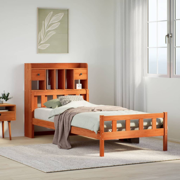 Cama con estantería sin colchón madera maciza marrón 75x190 cm Cama con estantería sin colchón madera maciza marrón 75x190 cm D