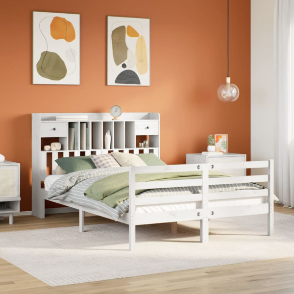 Cama con estantería sin colchón madera maciza blanca 160x200 cm Cama con estantería sin colchón madera maciza blanca 160x200 cm D