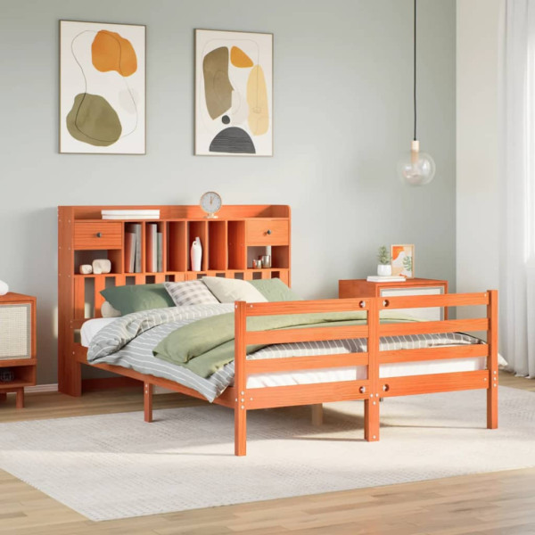 Cama con estantería sin colchón madera maciza marrón 150x200 cm Cama con estantería sin colchón madera maciza marrón 150x200 cm D