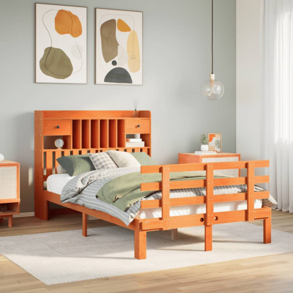 Cama con estantería sin colchón madera maciza marrón 135x190cm Cama con estantería sin colchón madera maciza marrón 135x190cm D