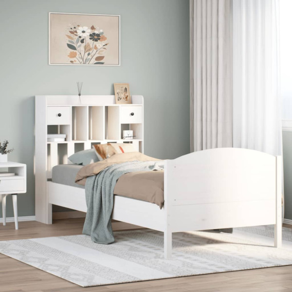 Cama con estantería sin colchón madera maciza blanca 75x190 cm Cama con estantería sin colchón madera maciza blanca 75x190 cm D