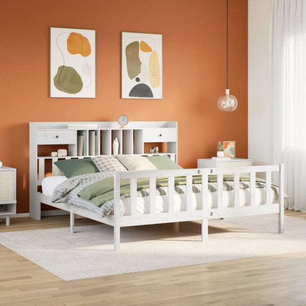 Cama con estantería sin colchón madera maciza blanca 200x200 cm Cama con estantería sin colchón madera maciza blanca 200x200 cm D