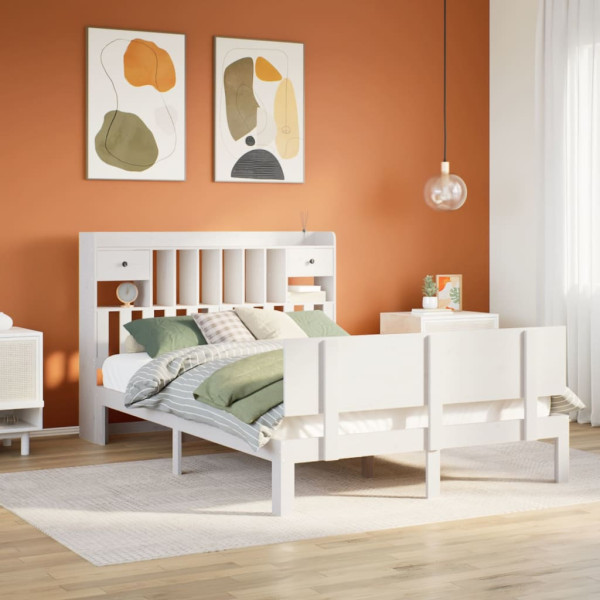 Cama con estantería sin colchón madera maciza blanca 140x190 cm Cama con estantería sin colchón madera maciza blanca 140x190 cm D