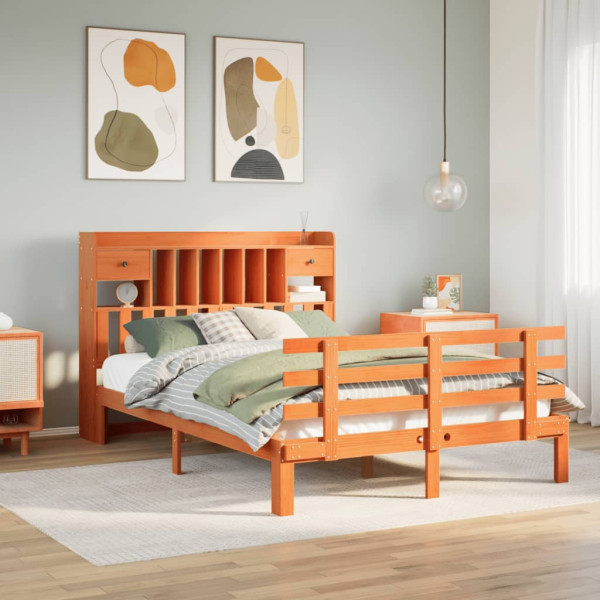 Cama con estantería sin colchón madera maciza marrón 140x190 cm Cama con estantería sin colchón madera maciza marrón 140x190 cm D