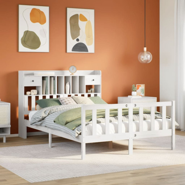 Cama con estantería sin colchón madera maciza blanca 160x200 cm Cama con estantería sin colchón madera maciza blanca 160x200 cm D