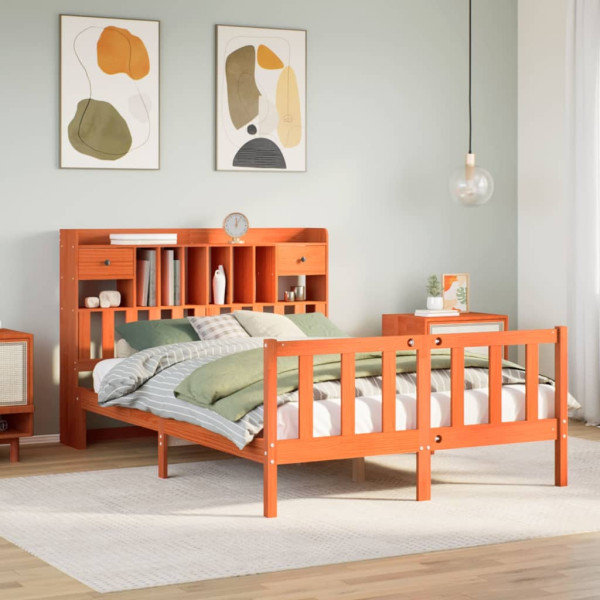 Cama con estantería sin colchón madera maciza marrón 140x190 cm Cama con estantería sin colchón madera maciza marrón 140x190 cm D