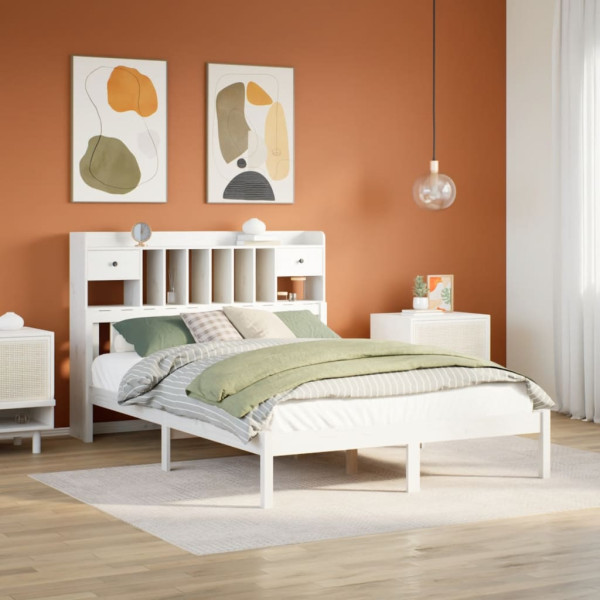 Cama con estantería sin colchón madera maciza blanca 140x200 cm Cama con estantería sin colchón madera maciza blanca 140x200 cm D