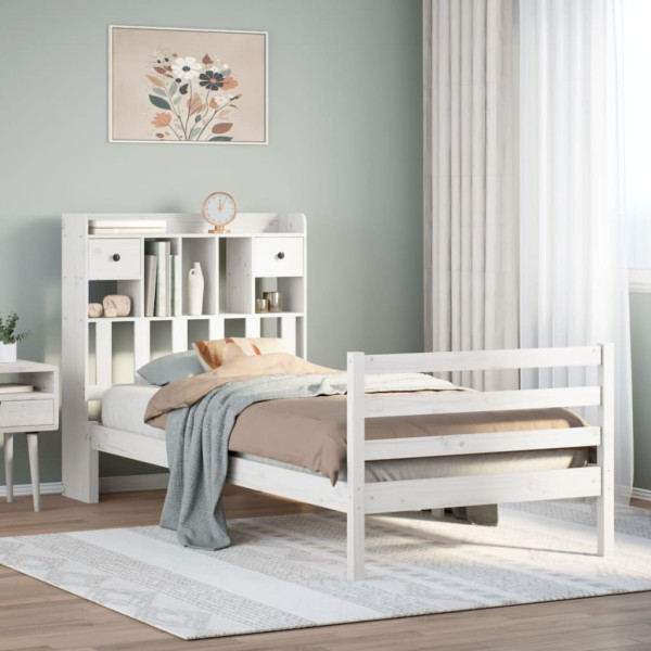 Cama con estantería sin colchón madera maciza blanca 100x200 cm Cama con estantería sin colchón madera maciza blanca 100x200 cm D