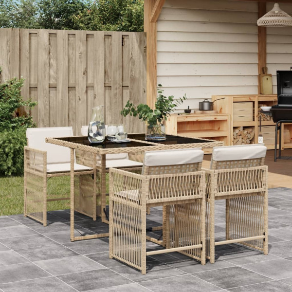 Set comedor de jardín 5 pzas con cojines ratán sintético beige D