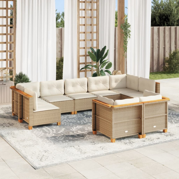 Conjunto de sofá de jardim com almofadas 9 peças de rattan sintético bege D