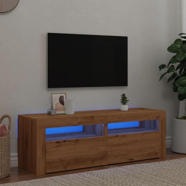 Mueble de TV luces LED madera roble artisan 120x35x40 cm D