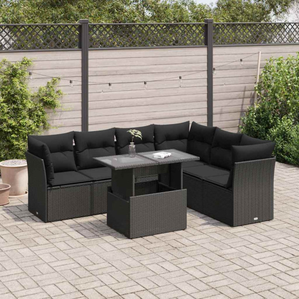 Set de sofás de jardín 7 pzas con cojines ratán sintético negro D