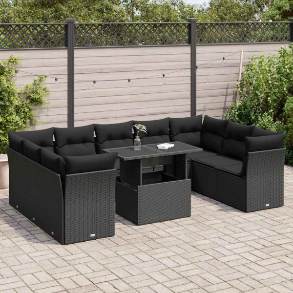 Set de sofás de jardín y cojines 10 pzas ratán sintético negro D