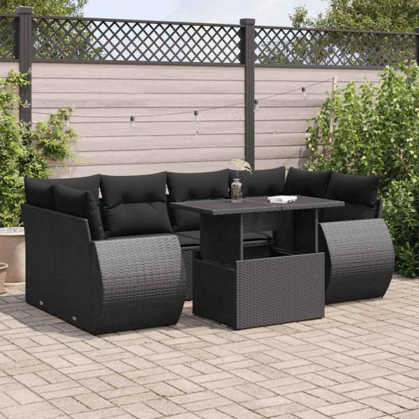 Set de sofás de jardín 7 pzas con cojines ratán sintético negro D
