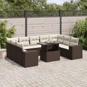 Set de sofás de jardín 10 pzas y cojines ratán sintético marrón D
