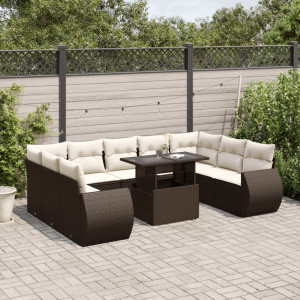 Set de sofás de jardín 10 pzas y cojines ratán sintético marrón D