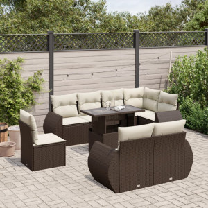 Set de sofás de jardín 9 pzas y cojines ratán sintético marrón D