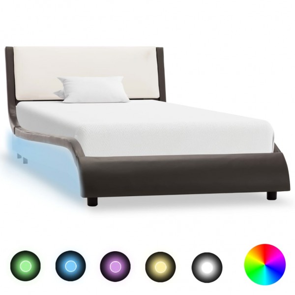 Estructura cama con LED cuero sintético gris blanco 90x200 cm D