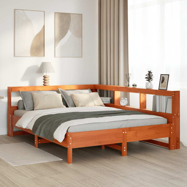 Cama con estantería sin colchón madera maciza marrón 160x200 cm Cama con estantería sin colchón madera maciza marrón 160x200 cm D