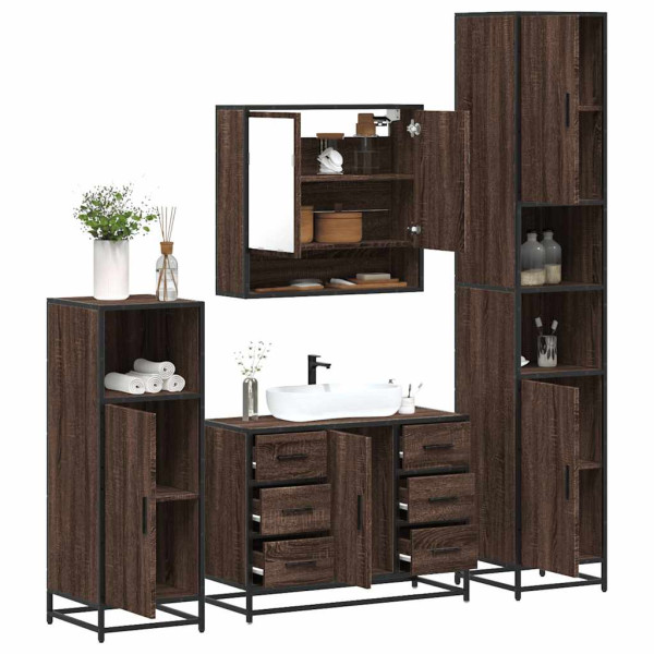 Set de muebles baño 4 pzas madera contrachapada roble marrón Set de muebles baño 4 pzas madera contrachapada roble marrón D