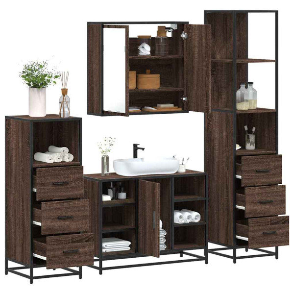 Set de muebles baño 4 pzas madera contrachapada roble marrón Set de muebles baño 4 pzas madera contrachapada roble marrón D