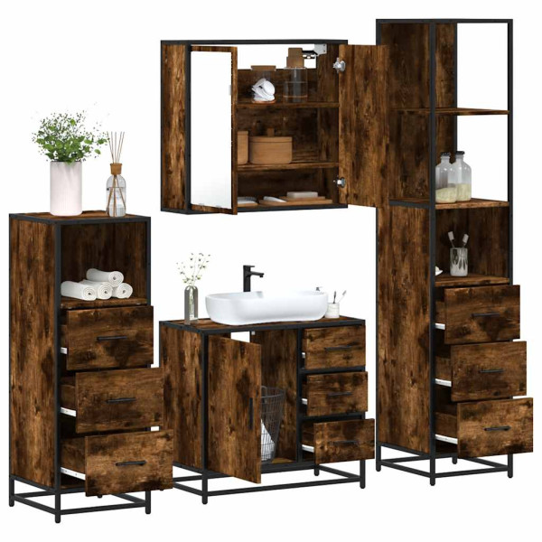 Set de muebles baño 4 pzas madera contrachapada roble ahumado Set de muebles baño 4 pzas madera contrachapada roble ahumado D