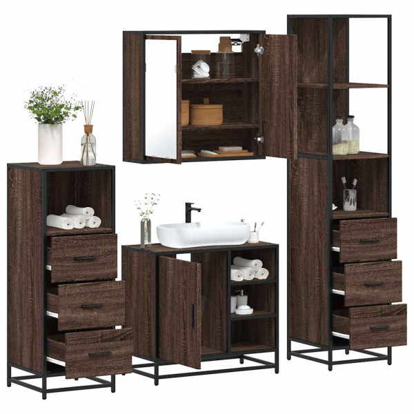 Set de muebles baño 4 pzas madera contrachapada roble marrón Set de muebles baño 4 pzas madera contrachapada roble marrón D