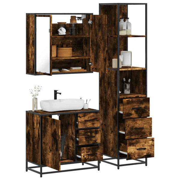 Set de muebles baño 3 pzas madera contrachapada roble ahumado Set de muebles baño 3 pzas madera contrachapada roble ahumado D