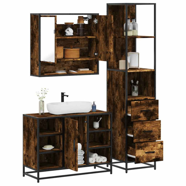 Set de muebles baño 3 pzas madera contrachapada roble ahumado Set de muebles baño 3 pzas madera contrachapada roble ahumado D