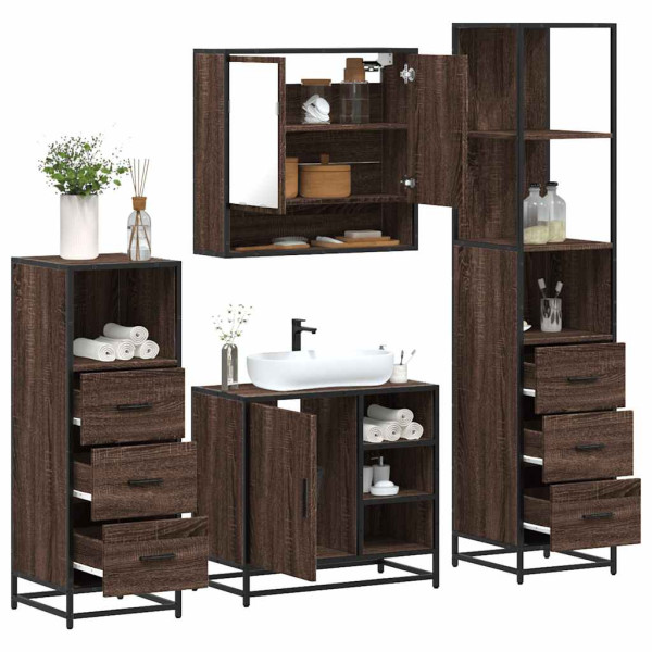 Set de muebles baño 4 pzas madera contrachapada roble marrón Set de muebles baño 4 pzas madera contrachapada roble marrón D