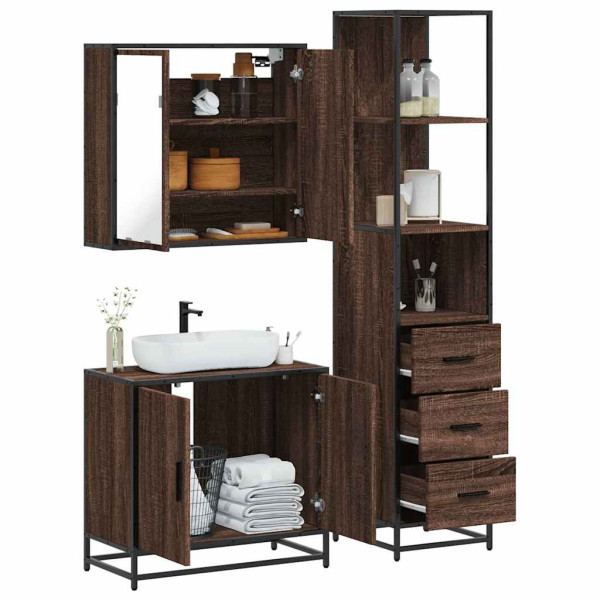 Set de muebles baño 3 pzas madera contrachapada roble marrón Set de muebles baño 3 pzas madera contrachapada roble marrón D