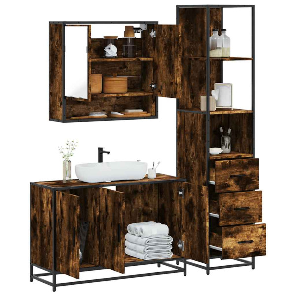 Set de muebles baño 3 pzas madera contrachapada roble ahumado Set de muebles baño 3 pzas madera contrachapada roble ahumado D