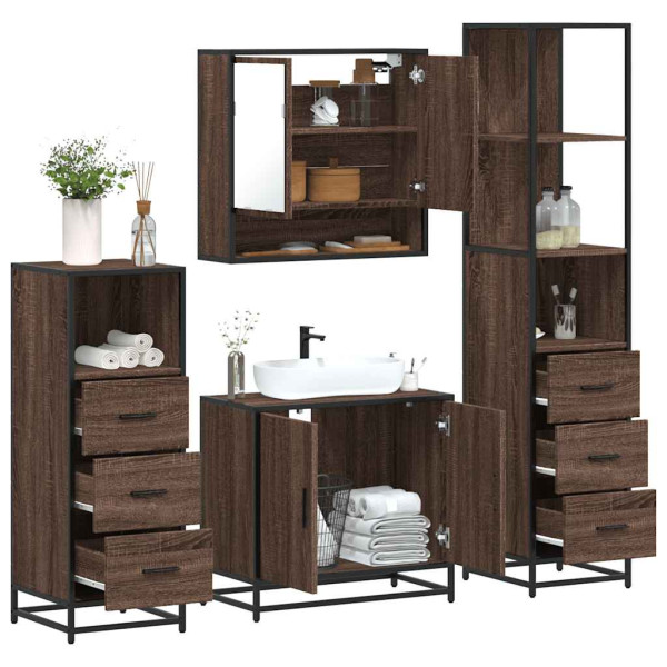 Set de muebles baño 4 pzas madera contrachapada roble marrón Set de muebles baño 4 pzas madera contrachapada roble marrón D