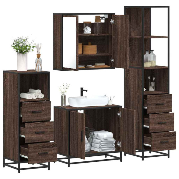 Set de muebles baño 4 pzas madera contrachapada roble marrón Set de muebles baño 4 pzas madera contrachapada roble marrón D
