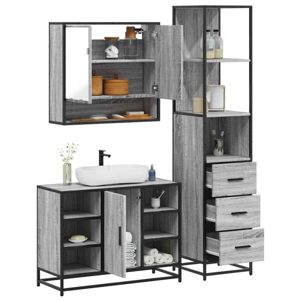 Set de muebles de baño 3 pzas madera contrachapada gris sonoma Set de muebles de baño 3 pzas madera contrachapada gris sonoma D