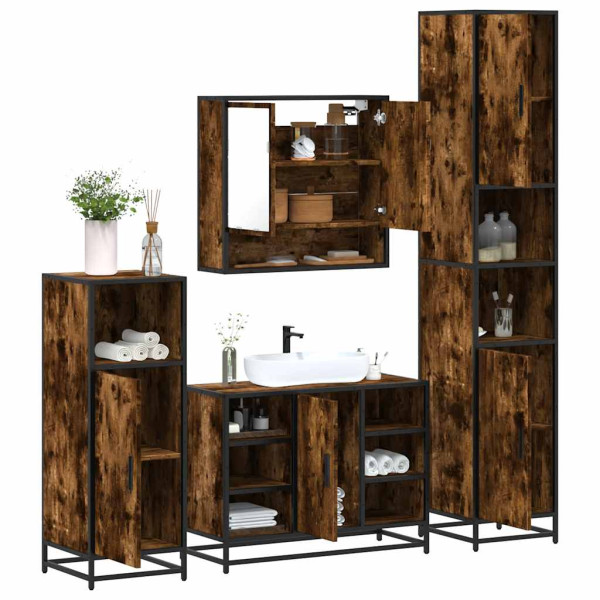 Set de muebles baño 4 pzas madera contrachapada roble ahumado Set de muebles baño 4 pzas madera contrachapada roble ahumado D