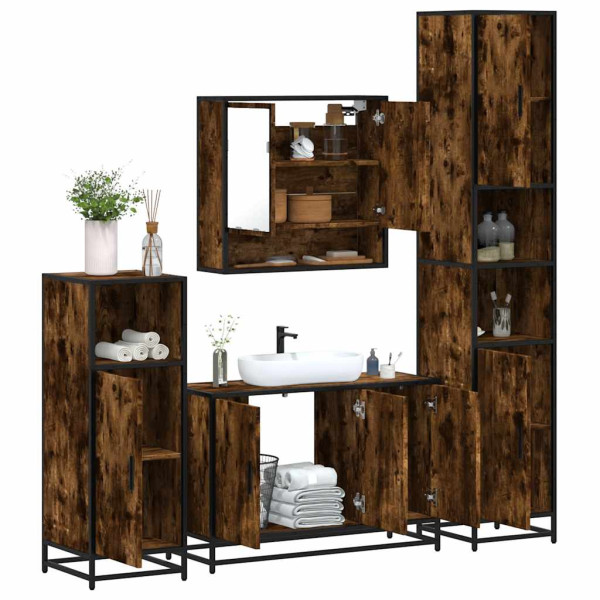 Set de muebles baño 4 pzas madera contrachapada roble ahumado Set de muebles baño 4 pzas madera contrachapada roble ahumado D