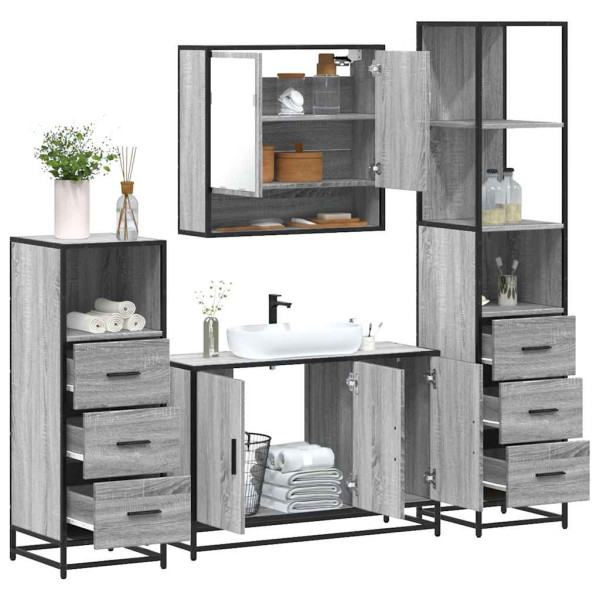 Set de muebles de baño 4 pzas madera contrachapada gris sonoma Set de muebles de baño 4 pzas madera contrachapada gris sonoma D