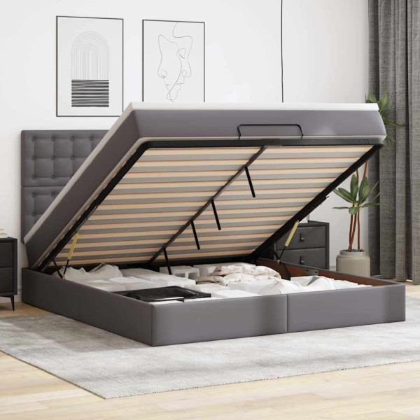 Estructura cama otomana colchón cuero sintético gris 160x200cm Estructura cama otomana colchón cuero sintético gris 160x200cm D